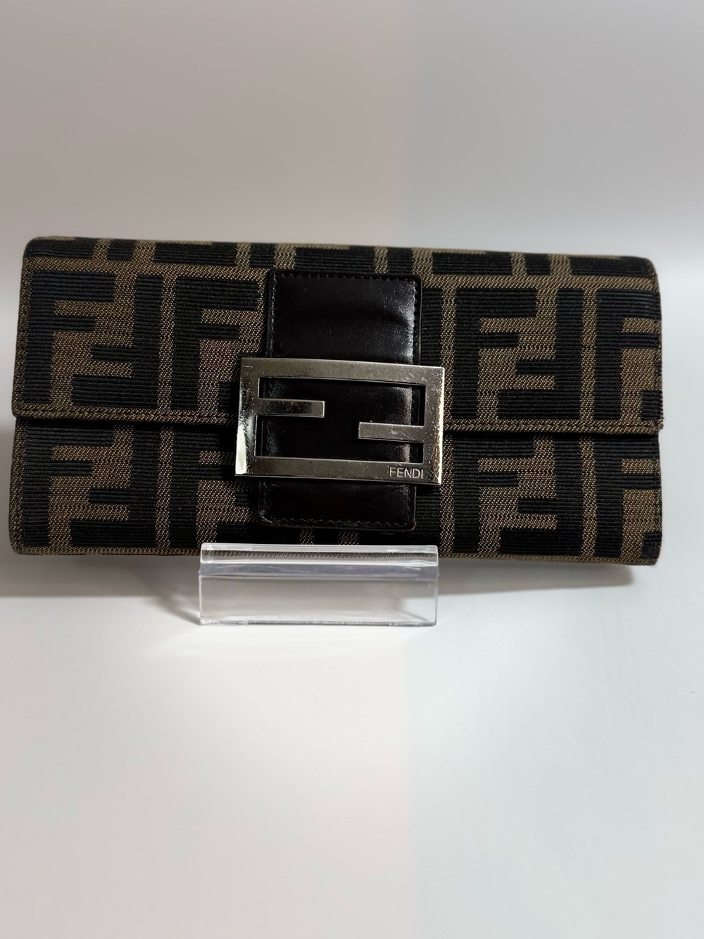 Cindy Black and Brown FF Logo Continental Wallet with Silver Buckle